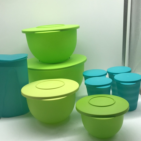 Tupperware Impressions Classic  Bowl  (4) & Jug (4) Tumbler Green & Blue Color - Picture 13 of 16